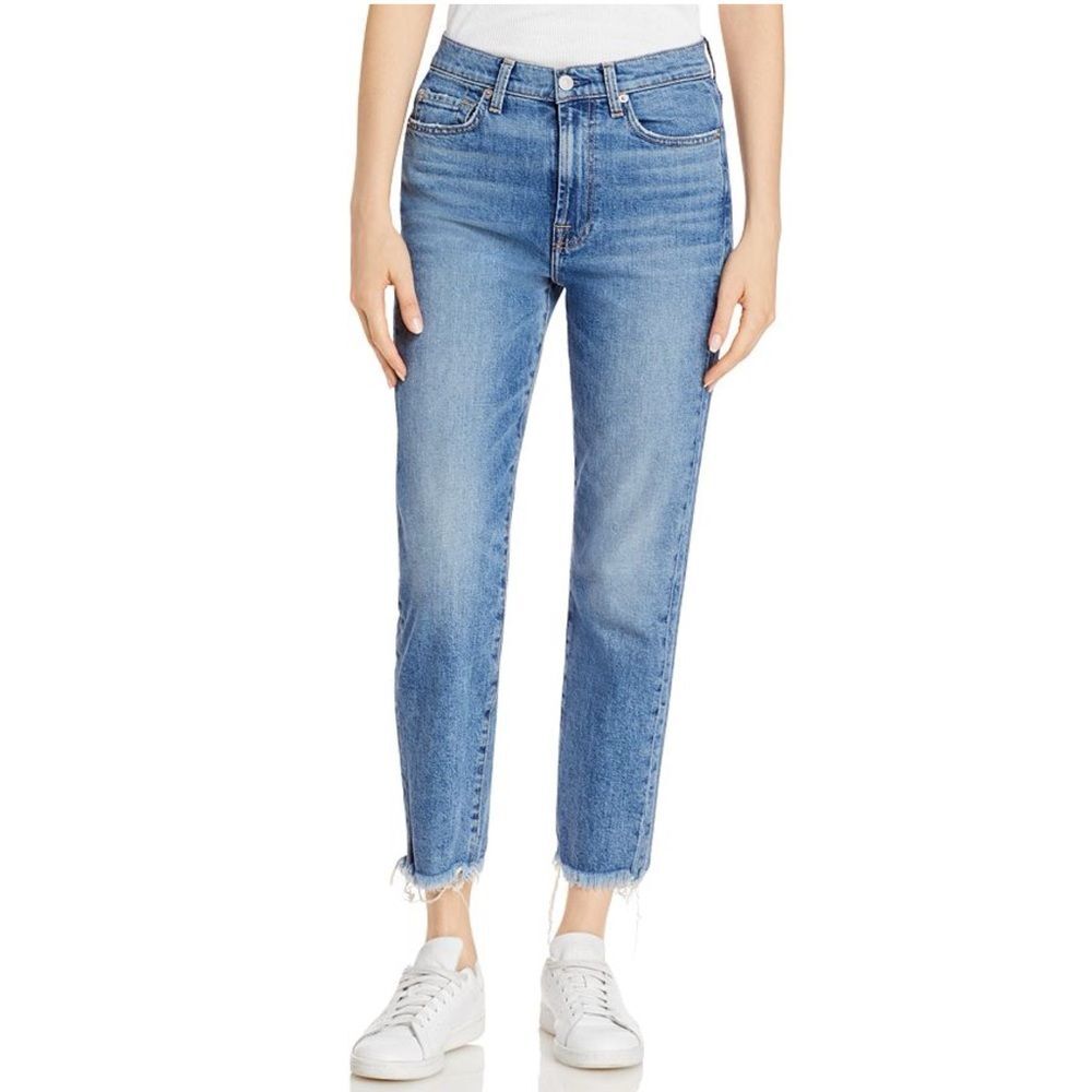 7 for All Mankind 7FAM High Rise Cropped Straight Jeans in Alpine Drive Raw Hem